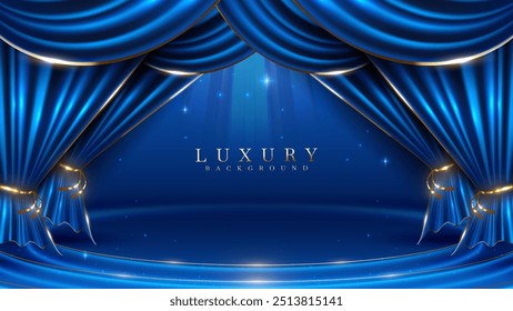 O palco vazio foi decorado com luxuosas cortinas azuis com efeitos de luz dourados cintilantes e estrelas cintilantes. Elegante estilo design de fundo.