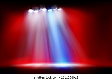 Empty stage during the show. Place for the exhibition illuminated by spotlights. Red background. Vector illustration.