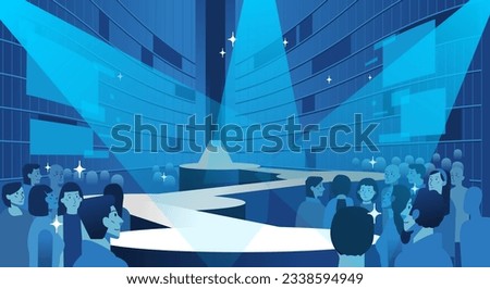 Empty stage fashion show Runway mode Blue background audience crowd looking at the stage vector