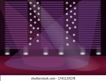 Empty stage flat color vector illustration. Illuminated scene 2D cartoon interior with decorations on background. Entertainment event place. Music concert, celebrity award ceremony stage