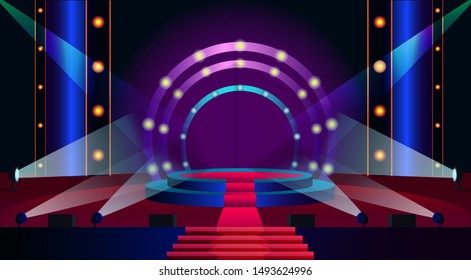 Empty stage flat vector illustration. Spotlight shining on podium. Projectors illuminating concert stage. Lighting effect on tv show. Modern interior of concert hall. Beginning of music event