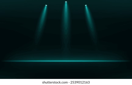 Empty stage glowing blue color light on black background. Space for selling products on the website. Empty room with spotlight effect. Vector illustration