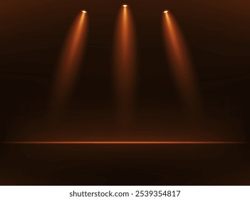 Estágio vazio com luz cor laranja brilhante no plano de fundo preto. Espaço para a venda de produtos no site. Quarto vazio com efeito de holofote. Ilustração vetorial