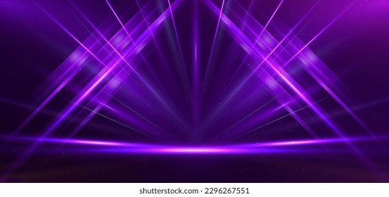 Стоковое векторное изображение: Empty stage glowing purple color light lines on dark purple background. Vector illustration