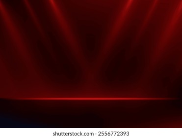 Empty stage glowing red color light on black background. Space for selling products on the website. Empty room with spotlight effect. Vector illustration