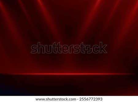 Empty stage glowing red color light on black background. Space for selling products on the website. Empty room with spotlight effect. Vector illustration