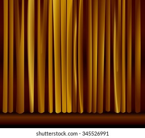 Empty stage with golden curtain backdrop. Gold closed curtain with light and shadow in a theater. vector art image illustration. abstract, elegant background for stand up comedy show, circus, opera...