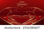 Empty stage with golden lines heart-shaped frame decorated with glow and bokeh effect, elegant red background suitable for Valentine
