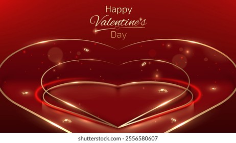 Empty stage with golden lines heart-shaped frame decorated with glow and bokeh effect, elegant red background suitable for Valentine's Day product promotion template.