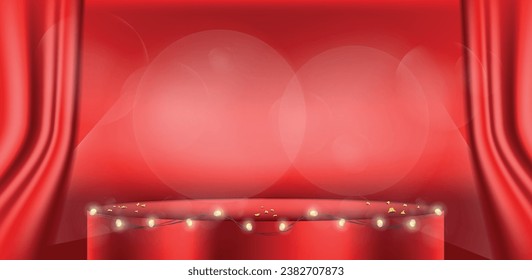 An empty stage illuminated by powerful spotlights that create a bright glow and shine. Golden rays and sparkles create an impression of festivity and luxury. The stage is decorated with confetti.