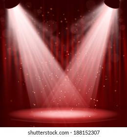 Empty stage with lights on red background Vector illustration. EPS 10