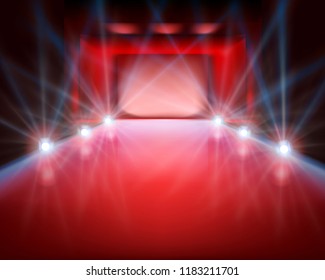 Empty stage with lights. Runway show. Vector illustration.