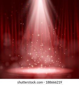 Empty stage lit with lights on red background Vector illustration. EPS 10