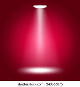 Empty stage lit with lights on red background Vector illustration. 