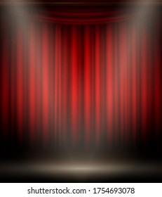 Empty stage on red black background, show decoration. Event presentation, theatrical red curtain design. Vector realistic style illustration