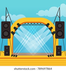 Empty Stage For Open Air Festival Or Music Concert. Outdoor Scene With Professional Lighting And Sound Equipment. Colorful Cartoon Flat Vector