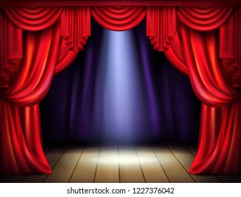 Empty stage with opened red curtains and projector light beam on wooden floor realistic vector illustration. Live music concert, theatrical performance or premiere. New product presentation concept