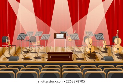 Empty stage with orchestra classical instruments. Nobody classic music concert hall with spotlights. Scene in philharmonic audience with violin, cello and trumpet on empty podium. Vector illustration