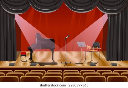 Empty stage with orchestra classical instruments. Nobody classic music concert hall with spotlight. Scene in philharmonic audience with grand piano and microphone on wooden podium. Vector illustration