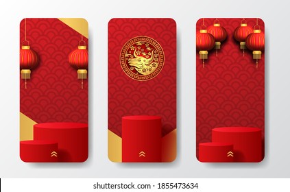empty stage product display for chinese new year celebration for stories social media template with hanging lantern decoration. 2021 year of ox (text translation = happy lunar new year)