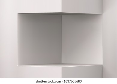 Empty stage for product display. White stage for new product showcase in 3d illustration.