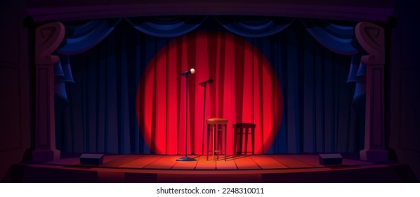 Empty stage ready for stand up show or concert. Cartoon vector illustration of scene with red curtains, microphone and wooden stool in light beam. Comedy club performance