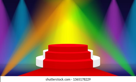 empty stage with red carpet ground and lights colorful, podium stage and spotlight beam, pedestal floor and lighting beam bright shine for copy space award scene, platform pedestal of winner success