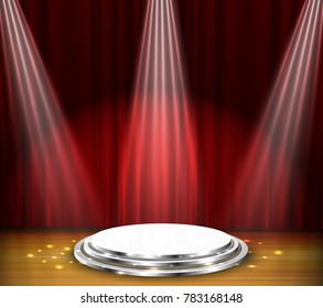 Empty stage with red curtain and white podium on wooden floor