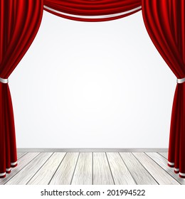 Empty stage with red curtains drapes  and light wooden floor, stock vector graphic illustration