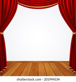 Empty stage with red curtains drapes  and brown wooden floor, stock vector graphic illustration