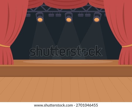 Empty stage with red curtains and spotlights background. Vector stock