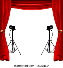 empty stage with red show curtain and flashlight to place your concept