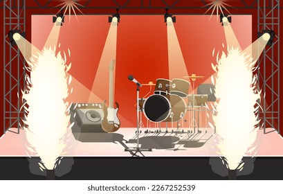 Empty stage with rock instruments. Nobody on metal music concert in club with spotlights. Fireworks on scene with electric guitar, drum kit and speakers. Nightclub live show party. Vector illustration
