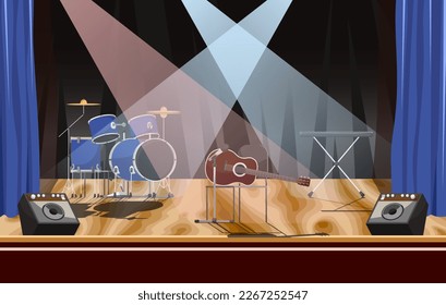 Empty stage with rock instruments. Nobody on live metal music concert in nightclub show with spotlights. Scene with audience acoustic guitar, synthesizer, drum kit and speakers. Vector illustration