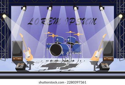 Empty stage with rock instruments. Nobody on metal music concert in club with spotlights. Scene with acoustic audience with electric guitar, drum kit and speakers. Nightclub show. Vector illustration