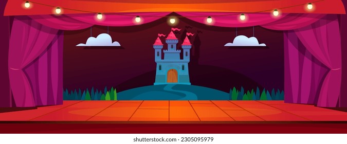 Escenario vacío en un teatro escolar con decoraciones y cortinas abiertas. Cuentos de hadas en una obra de teatro infantil en una escena de madera con un castillo al fondo. Ilustración vectorial de dibujos animados.