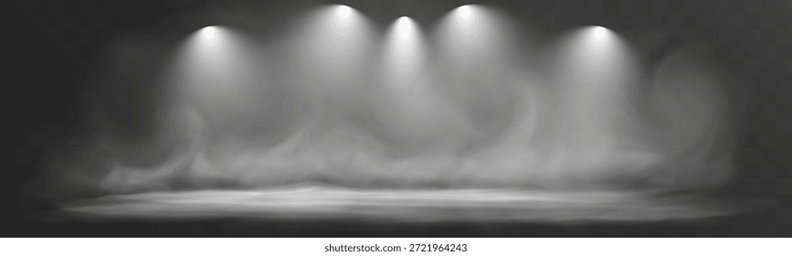 Empty stage with soft fog and five spotlights shining through the smoke, creating a dramatic atmospheric background.