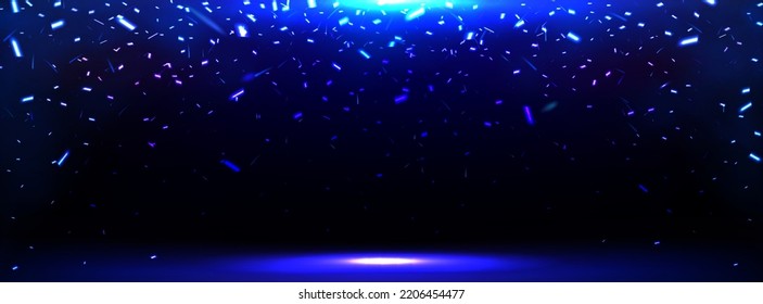 Estadio vacío con foco y chispas azules en caída. Antecedentes abstractos con brillantes de neón volador y punto de luz en la escena, ilustración vectorial realista