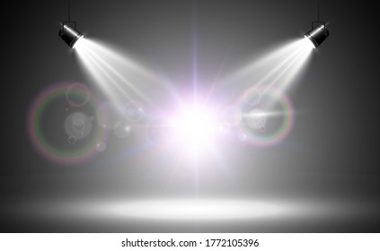 Empty stage with spotlights. Lighting devices on a transparent background.