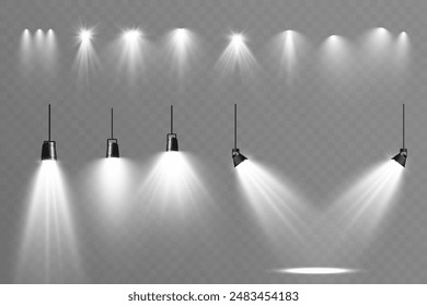 	
Escenario vacío con focos. Dispositivos de iluminación sobre un fondo transparente