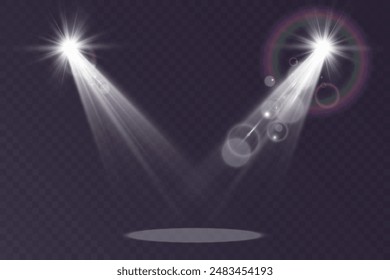	
Empty stage with spotlights. Lighting devices on a transparent background