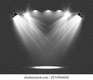 Empty stage with spotlights. Lighting devices on a transparent background.