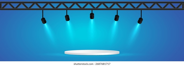 Escenario vacío con focos y podio de braguero sobre fondo azul