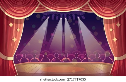Estágio vazio. Teatro hall.Um palco de teatro com espectadores, uma cortina vermelha e holofotes. Nos bastidores. Nos bastidores.
