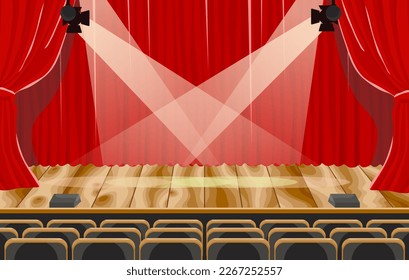 Empty stage in theater with wooden floor. Nobody in opera concert hall with spotlights. Red scene in drama theatre. Ceremony event or performance show concept with empty armchair. Vector illustration