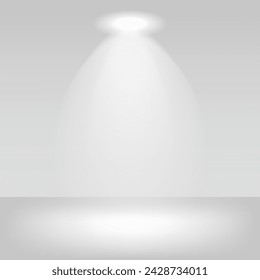 The empty stage white room has single wall spotlight positions. Background for banner, poster, and advertising. Vector illustration for showcase