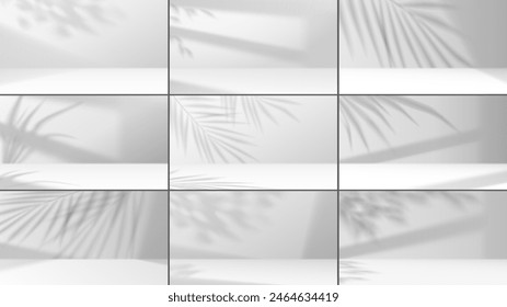 Empty stages with exotic leaves shadows realistic vector illustration set. Product showing displays 3d backdrops black and white