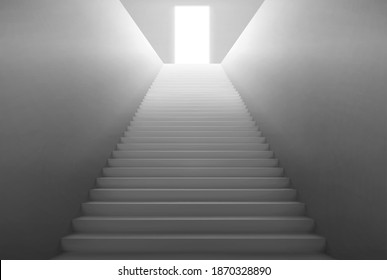 Empty staircase with light from open door on top. Vector realistic interior with stair with white steps and doorway. Concept of hope, career growth, future opportunity and success