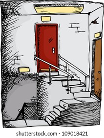 Empty stairwell with two doors inside a building
