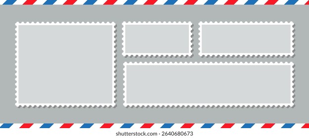 Empty stamps collection with different shapes. Postage perforated templates. Blank frames set for mail letter. Post stamps. Postal border. Paper postmarks isolated on background. Vector illustration.